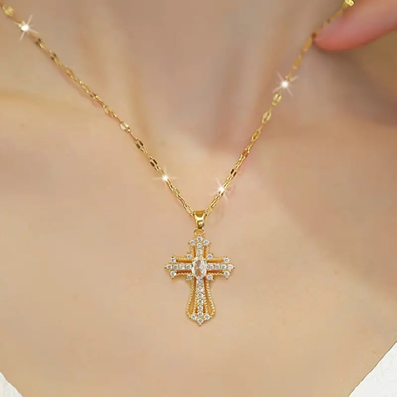 Cross Sparkling Cubic Zirconia Copper Pendant Necklace