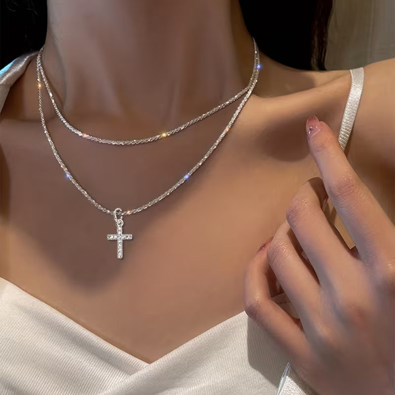 Zirconia Double Cross Pendant Necklace