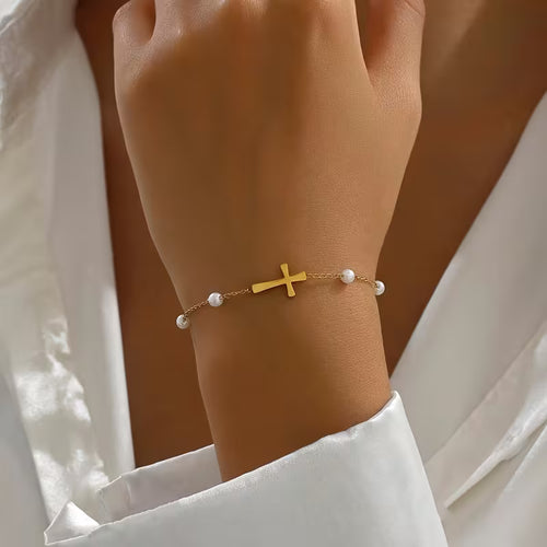 18K Golden Plated Stainless Steel Bracelet with Rhinestone Accents and Pearls