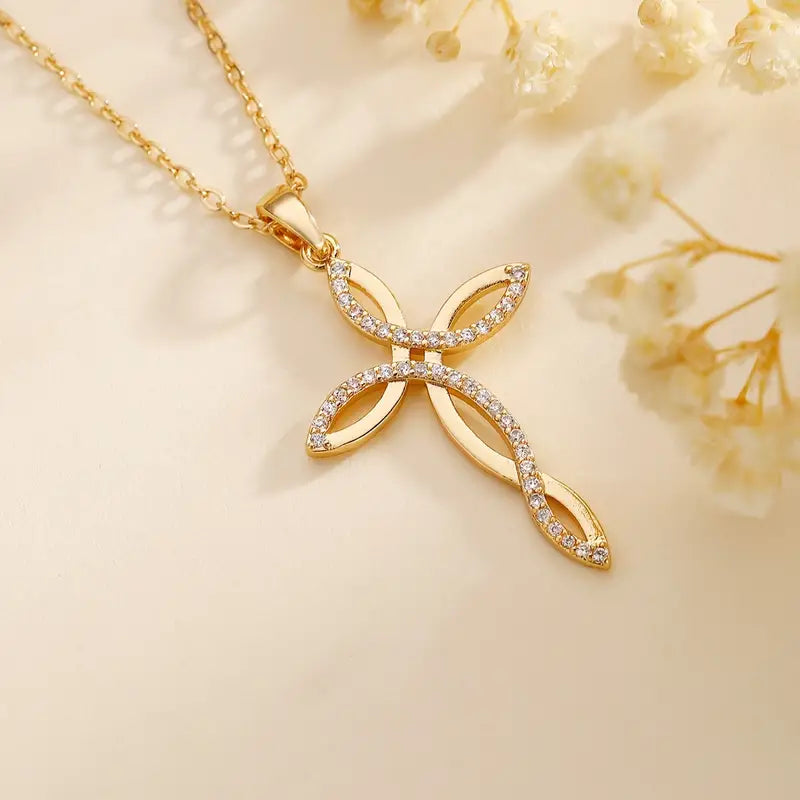 Copper Faux Gem Cross Pendant Necklace