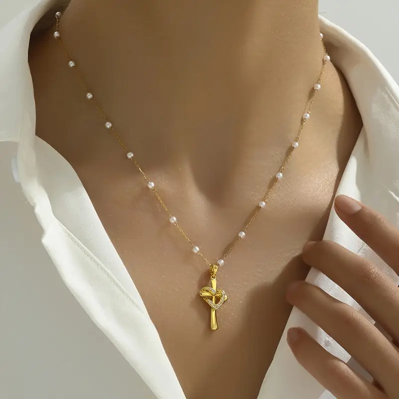 18K Golden Plated Stainless Steel Cross Pendant Necklace with Rhinestone Accents and Pearls