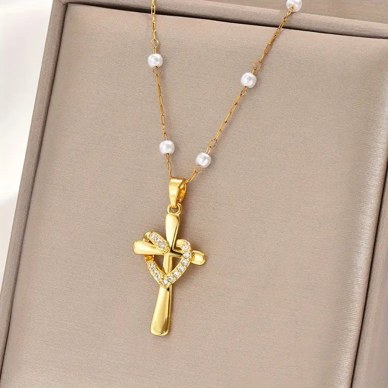18K Golden Plated Stainless Steel Cross Pendant Necklace with Rhinestone Accents and Pearls