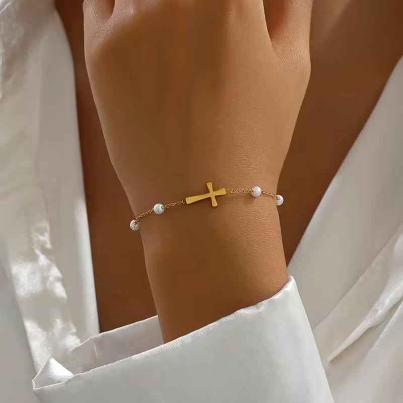 18K Golden Plated Stainless Steel Bracelet with Rhinestone Accents and Pearls