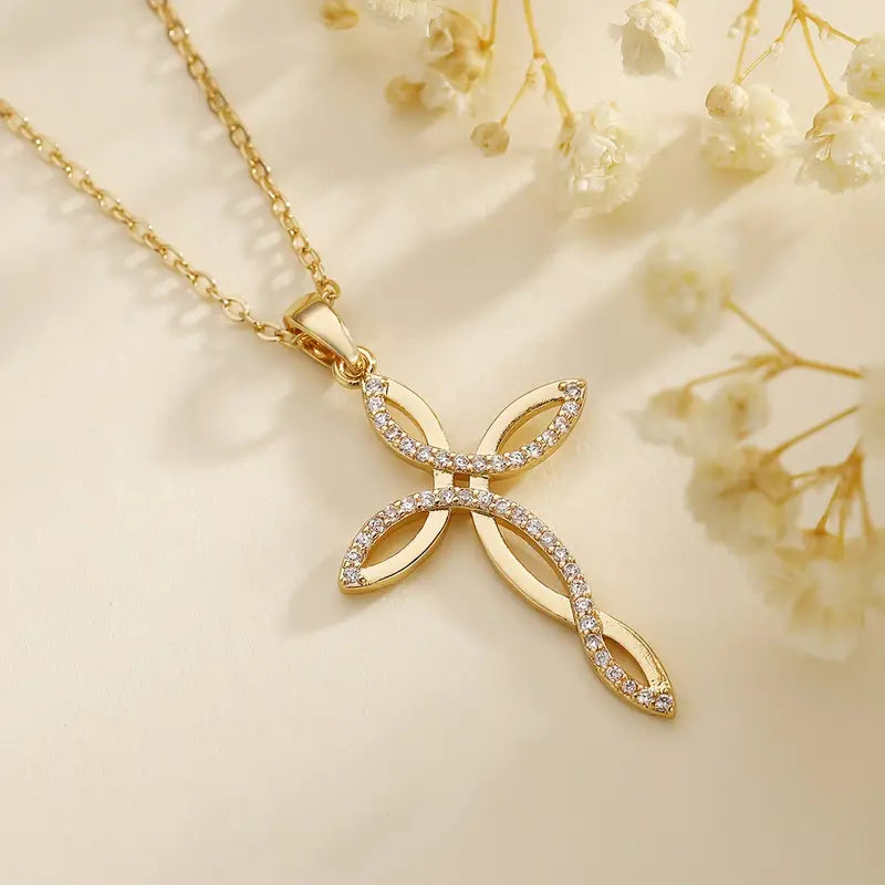Copper Faux Gem Cross Pendant Necklace