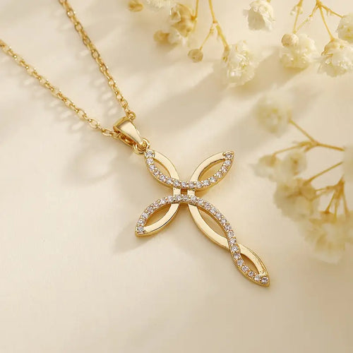 Copper Faux Gem Cross Pendant Necklace