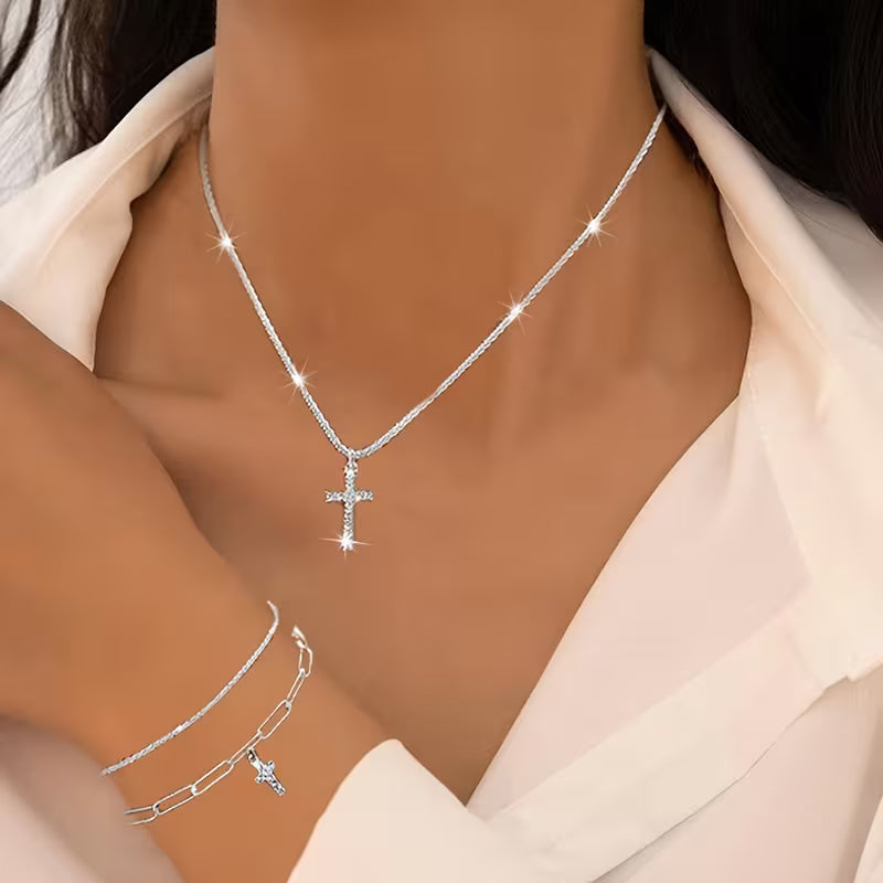 Zirconia 3in1 Set Cross Pendant Necklace