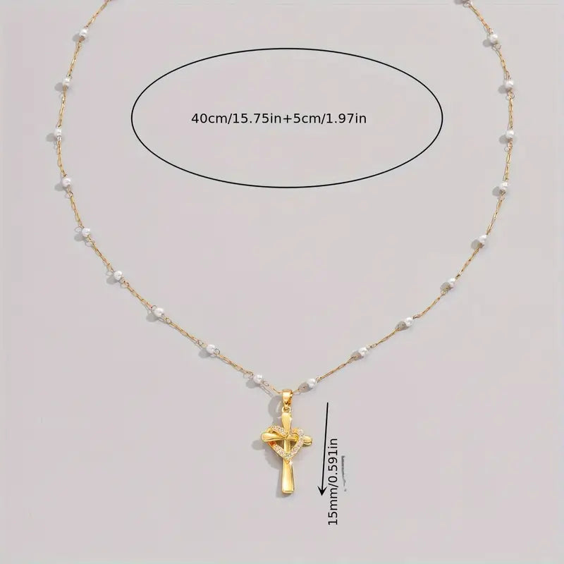 18K Golden Plated Stainless Steel Cross Pendant Necklace with Rhinestone Accents and Pearls
