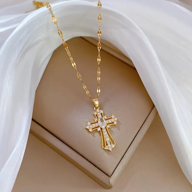 Cross Sparkling Cubic Zirconia Copper Pendant Necklace