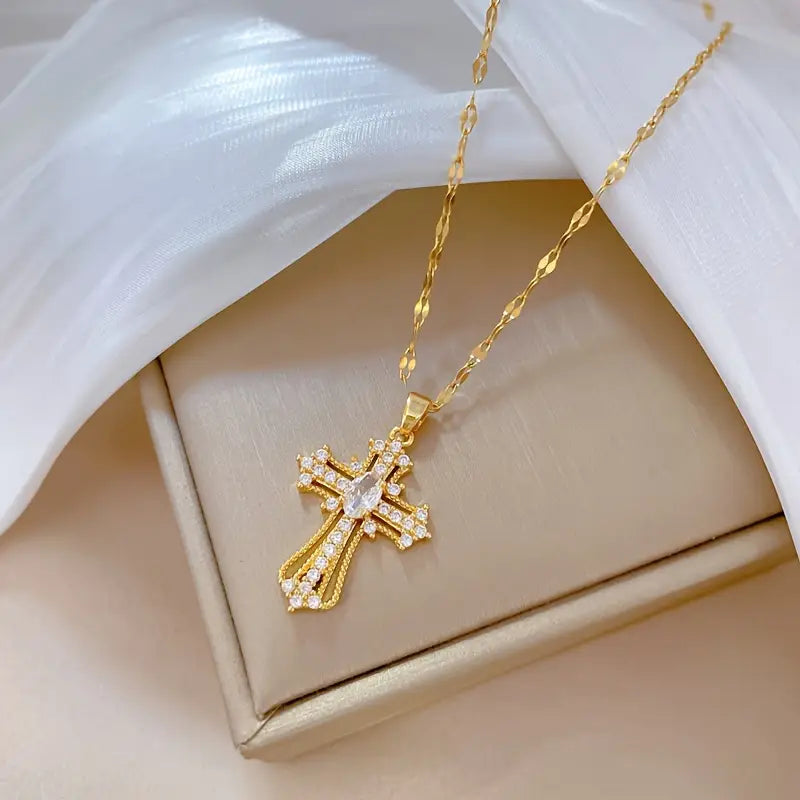Cross Sparkling Cubic Zirconia Copper Pendant Necklace