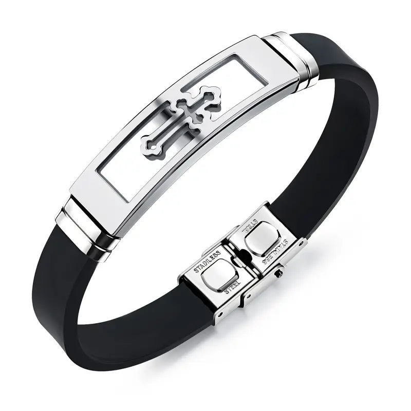SS Silicon Bracelet with Cross