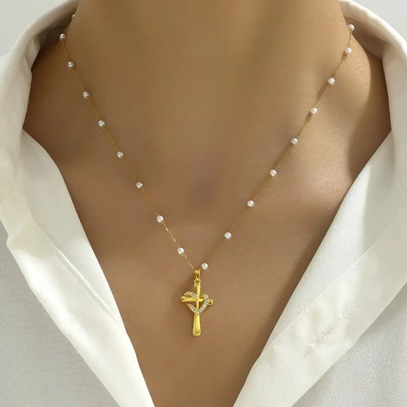 18K Golden Plated Stainless Steel Cross Pendant Necklace with Rhinestone Accents and Pearls